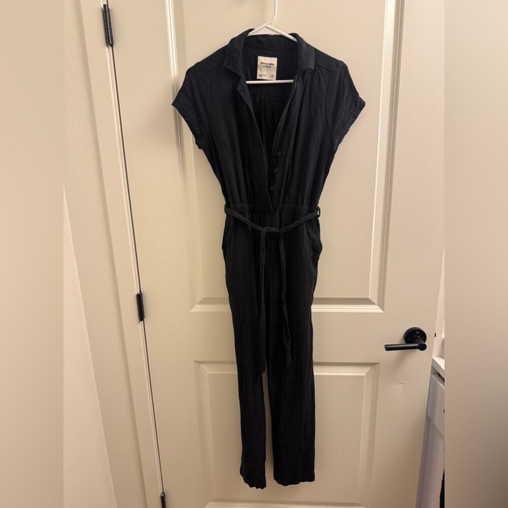 Abercrombie & Fitch Black Utility Jumpsuit with Waist Tie Linen Blend